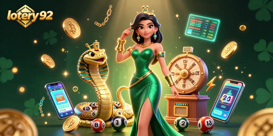 Engage in lottery 92 action with vibrant visuals of a stunning woman and golden cobra.