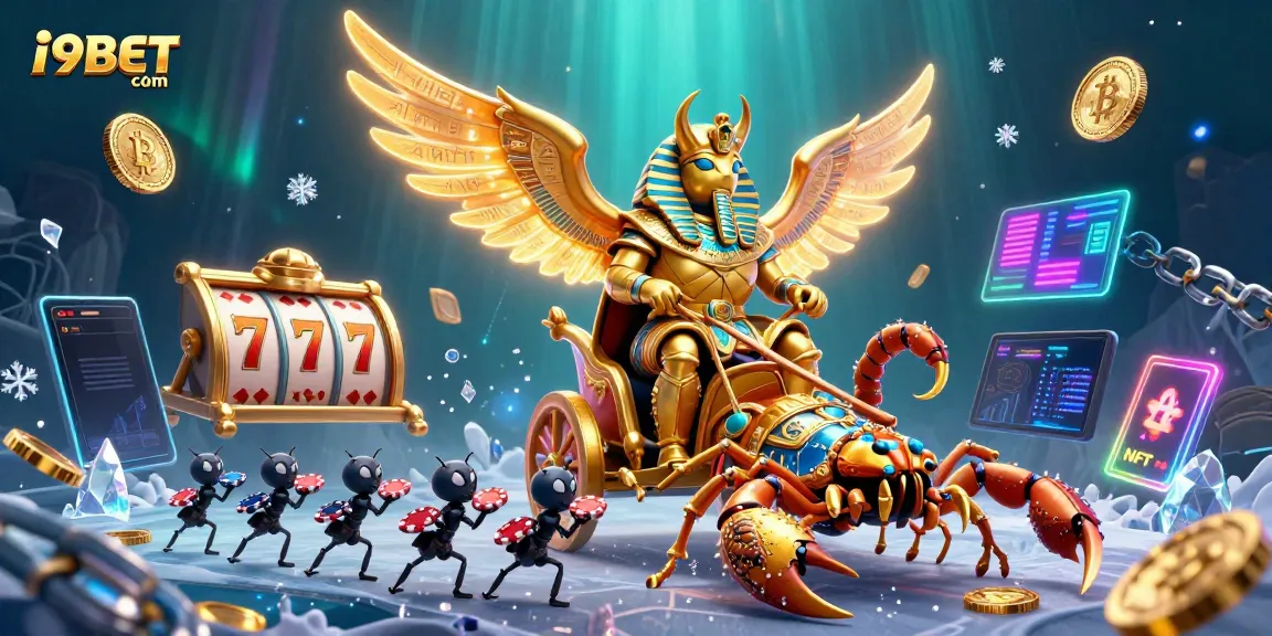 Join the action at i9BET com with a vibrant casino scene featuring a golden scarab and slot games!