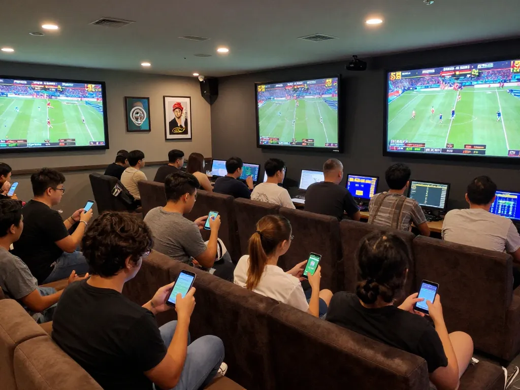 Fans excitedly analyzing Keo nha cai 5 odds while placing bets in a vibrant sports lounge.