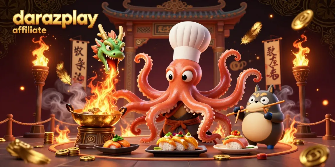 Engage with darazplay affiliate, featuring a vibrant 3D illustration of an octopus chef and gaming action in a casino setting.