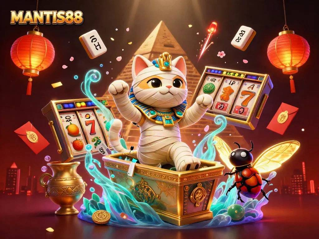 Spin the slots with MANTIS88's vibrant 3D mummy-themed casino scene, showcasing dramatic gameplay elements.