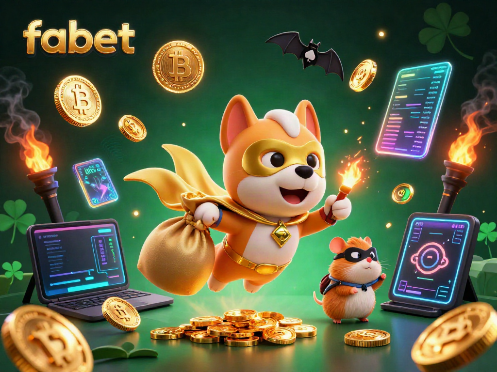 Fabet offers a thrilling gaming experience with a superhero dog flying with gold coins in a vibrant casino scene.