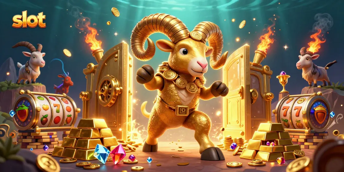 Spin the slot reels to unlock treasures in this vibrant casino scene featuring a golden ram.