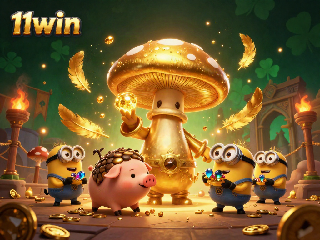 Experience thrilling gameplay with the enchanting 11win characters amidst dazzling golden treasures in a magical casino.