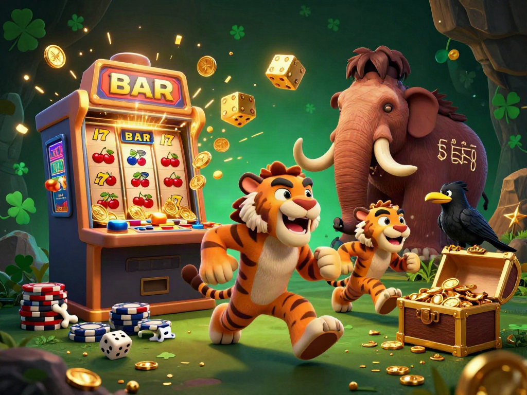 Engage with the exciting realm of au88, illustrated with playful caveman and tiger characters experiencing a jackpot at a prehistoric casino.