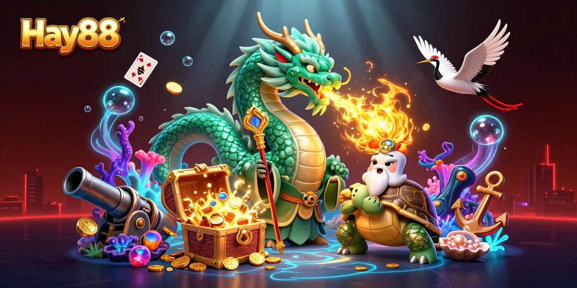 Experience the excitement of Hay88 with a vibrant dragon and turtle in a magical casino world.
