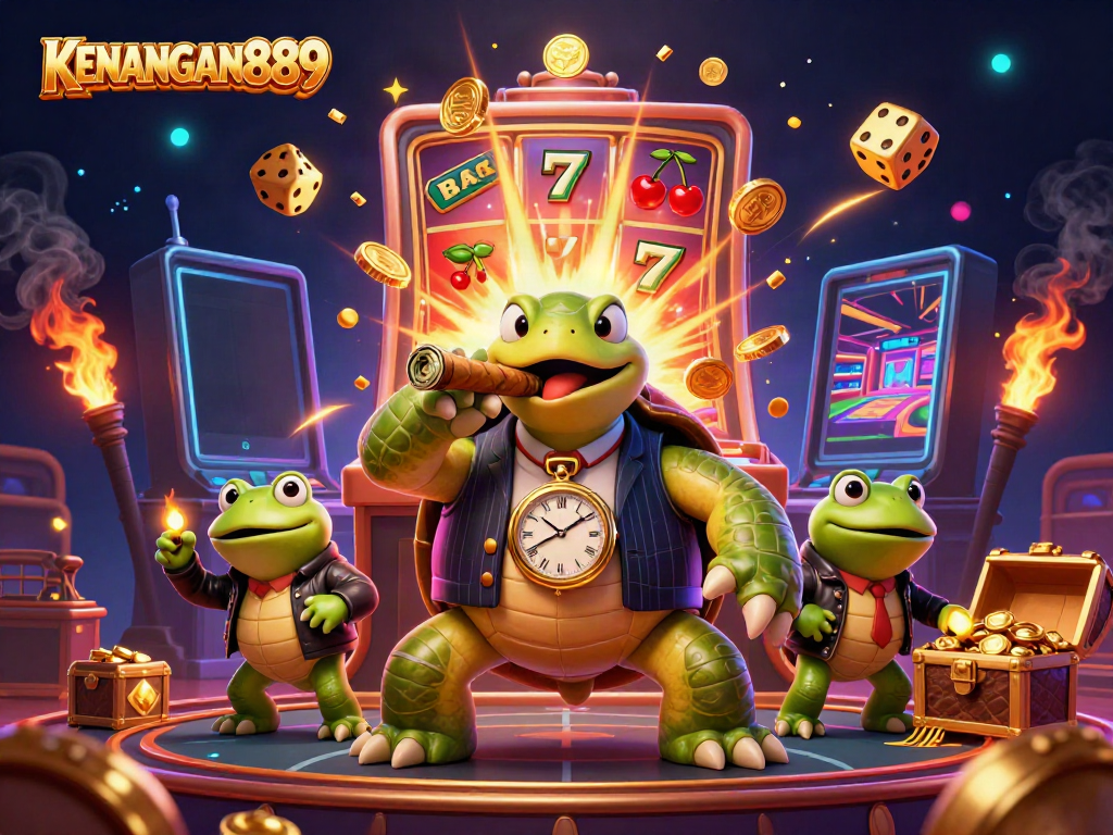 Experience KENANGAN889 with a vibrant, dynamic illustration of a whimsical casino scene featuring a snapping turtle and bullfrog enforcers.