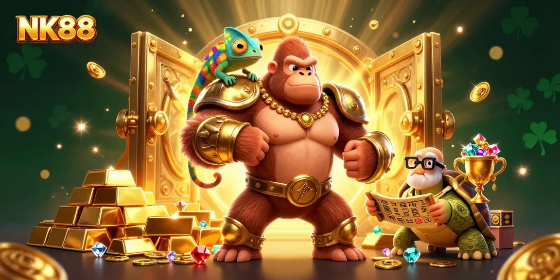 Experience the thrill of NK88 casino with a powerful gorilla king and treasure elements illustrating fun.