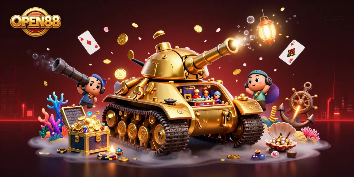 Engage in the thrilling world of OPEN88 with a 3D casino beetle tank showcasing miniature games and vibrant treasures.