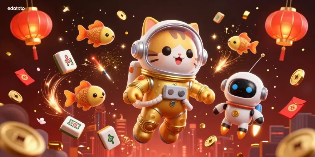 Experience exciting gameplay with edatoto as a golden astronaut cat and a robot dog venture through a vibrant casino galaxy.