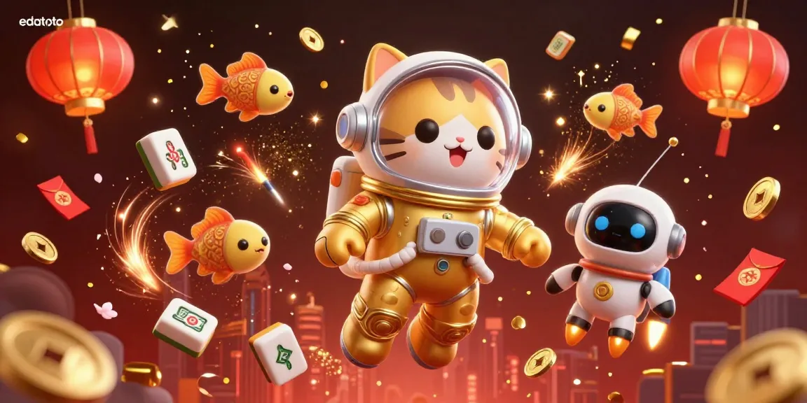 Experience exciting gameplay with edatoto as a golden astronaut cat and a robot dog venture through a vibrant casino galaxy.