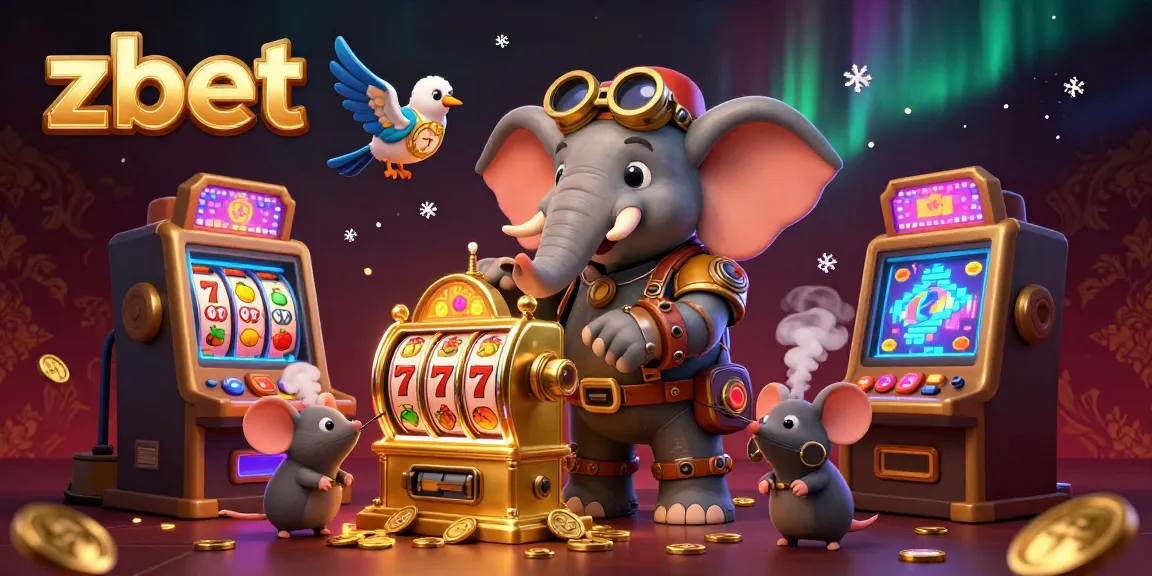 Experience thrilling slot action at zbet with a steampunk elephant engineer and vibrant casino visuals.