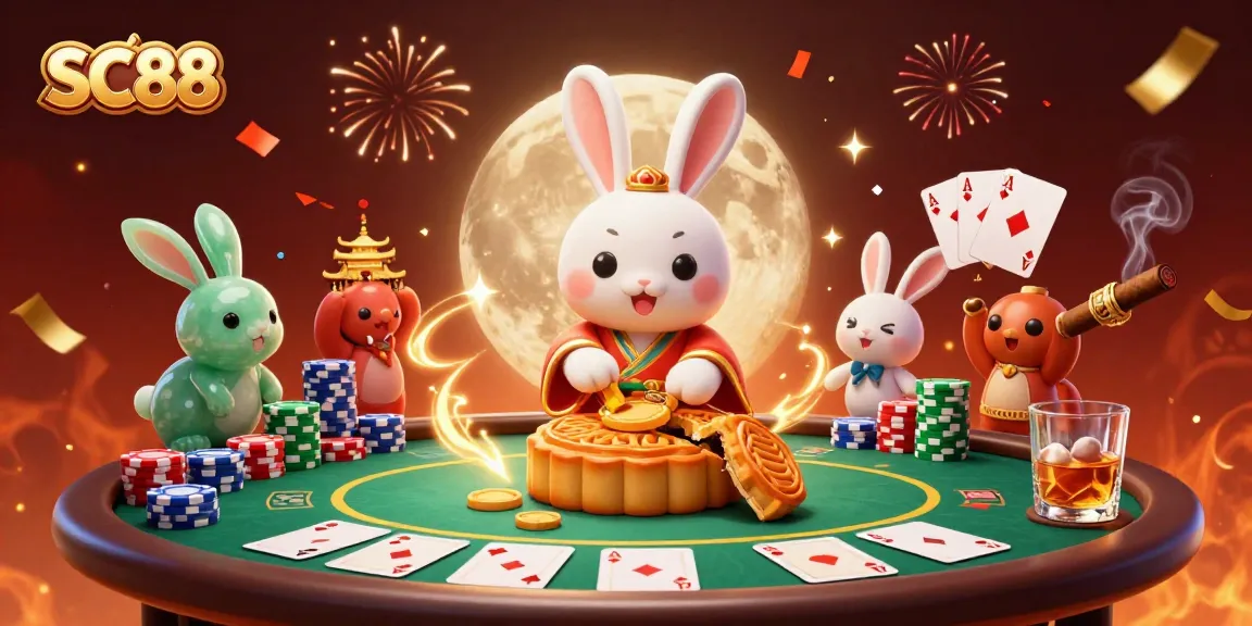 Engage with SC88's immersive casino atmosphere featuring a moon rabbit and poker elements.