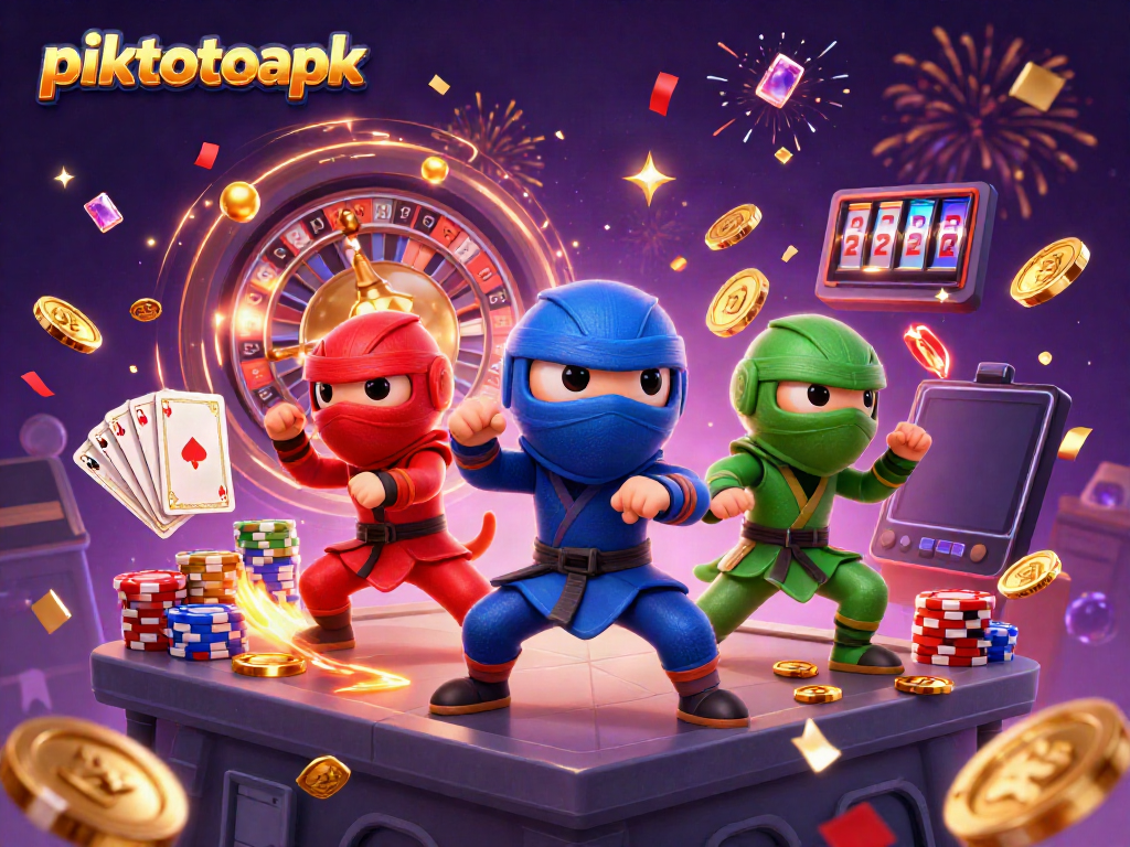 Experience the excitement of piktotoapk with ninja chameleons in action amidst cascading coins and gems.