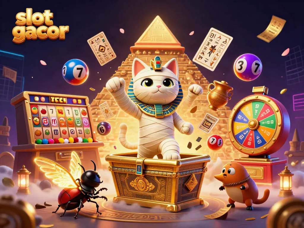 Engage in slot gacor gameplay with a vibrant 3D casino scene featuring animated characters and dynamic slot elements.