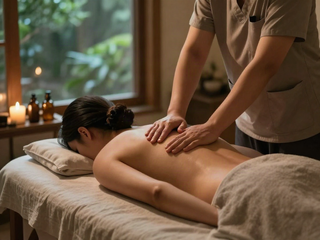 Relaxing scene of 용인출장마사지 therapy in a serene home environment with soothing elements.