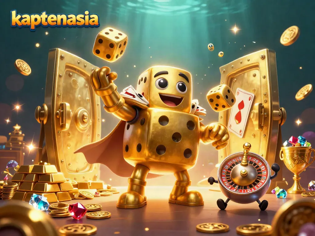 Membuat pengalaman bermain menarik di Kaptenasia dengan karakter dadu emas dan harta karun kasino yang berkilau.