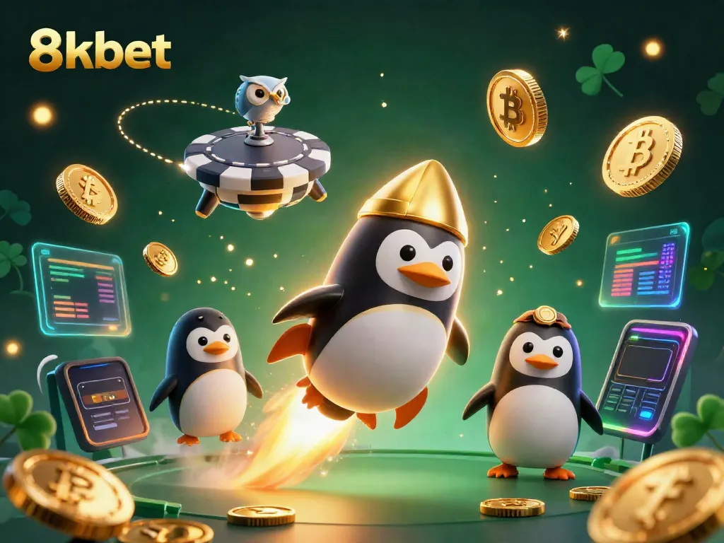 Experience 8xbet in a vibrant casino space scene with a golden penguin and crypto elements.