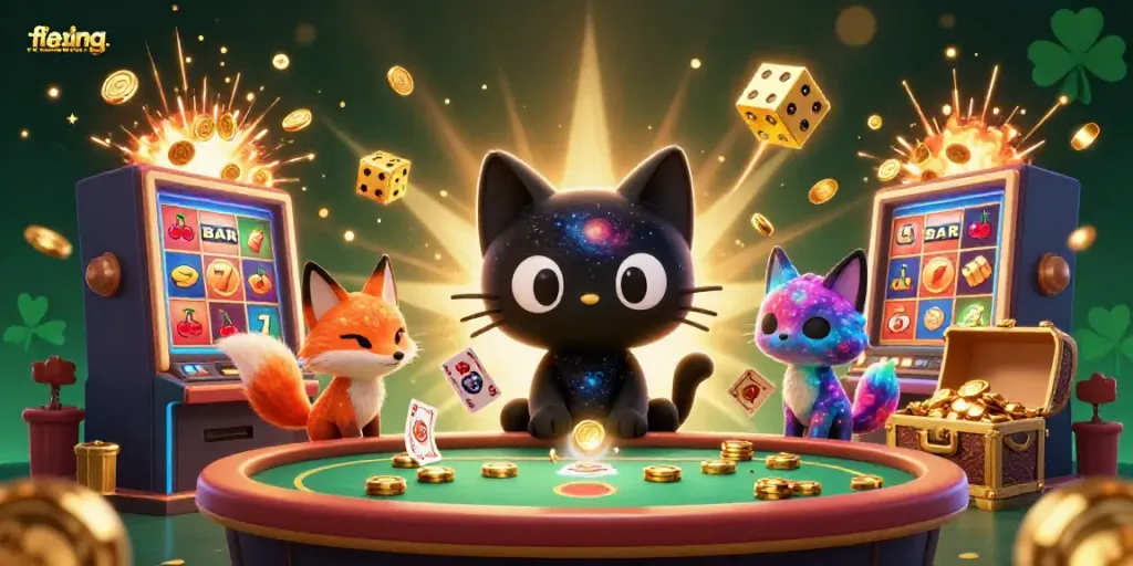 Experience floatingdream as a cosmic casino scene with a black hole cat and colorful elements.