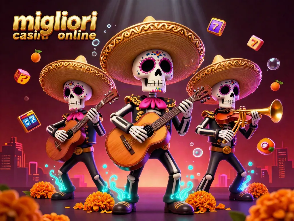 Scopri i migliori casino online con un vivace speciale mariachi e simboli di gioco in un'illustrazione 3D dettagliata.