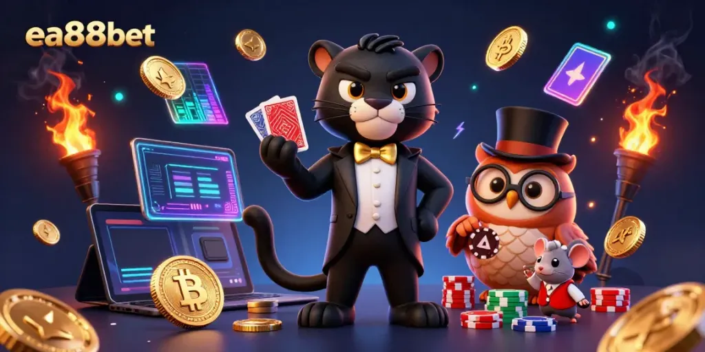 Engage in winning strategies at ea88bet with 3D cartoon characters in a vibrant casino scene.