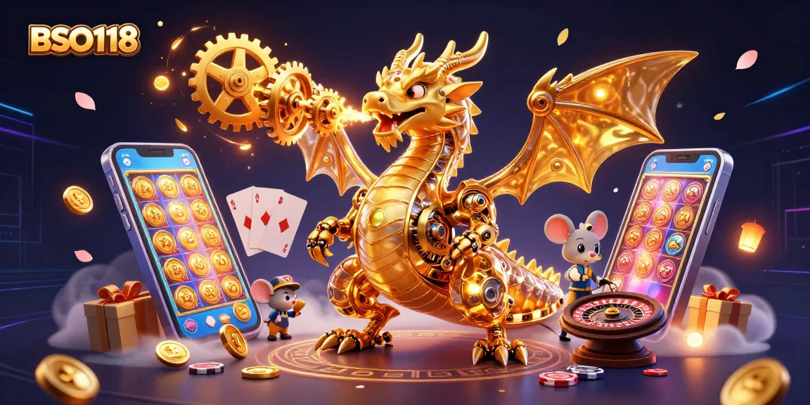 Engage in exciting gameplay with BSO118, showcasing a dragon and slot elements in vibrant detail.