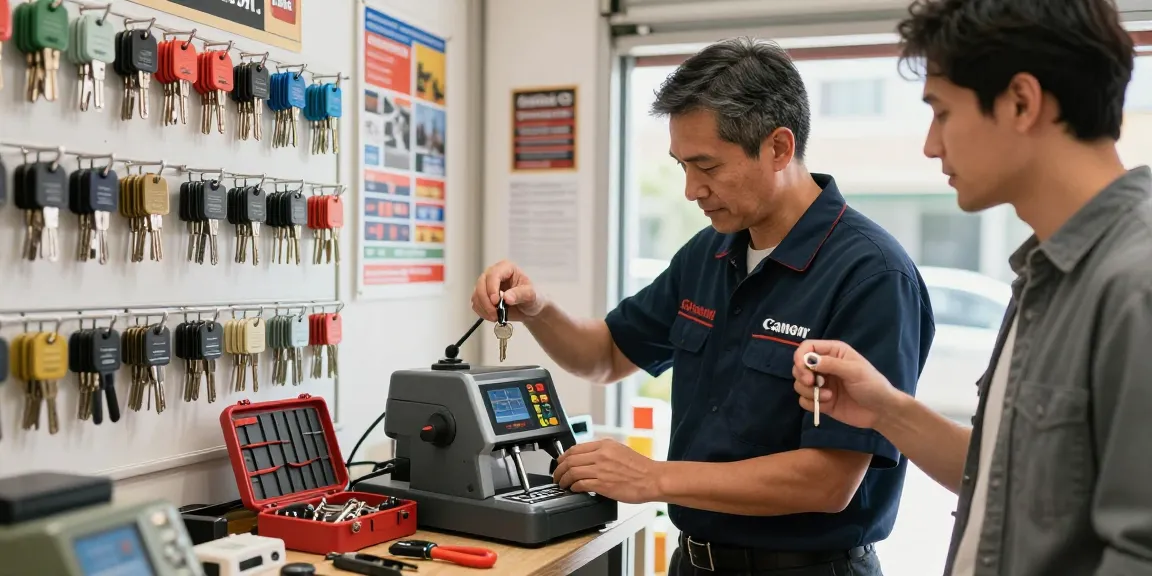 Locksmith Garner NC providing key-cutting services with a satisfied customer in a busy shop