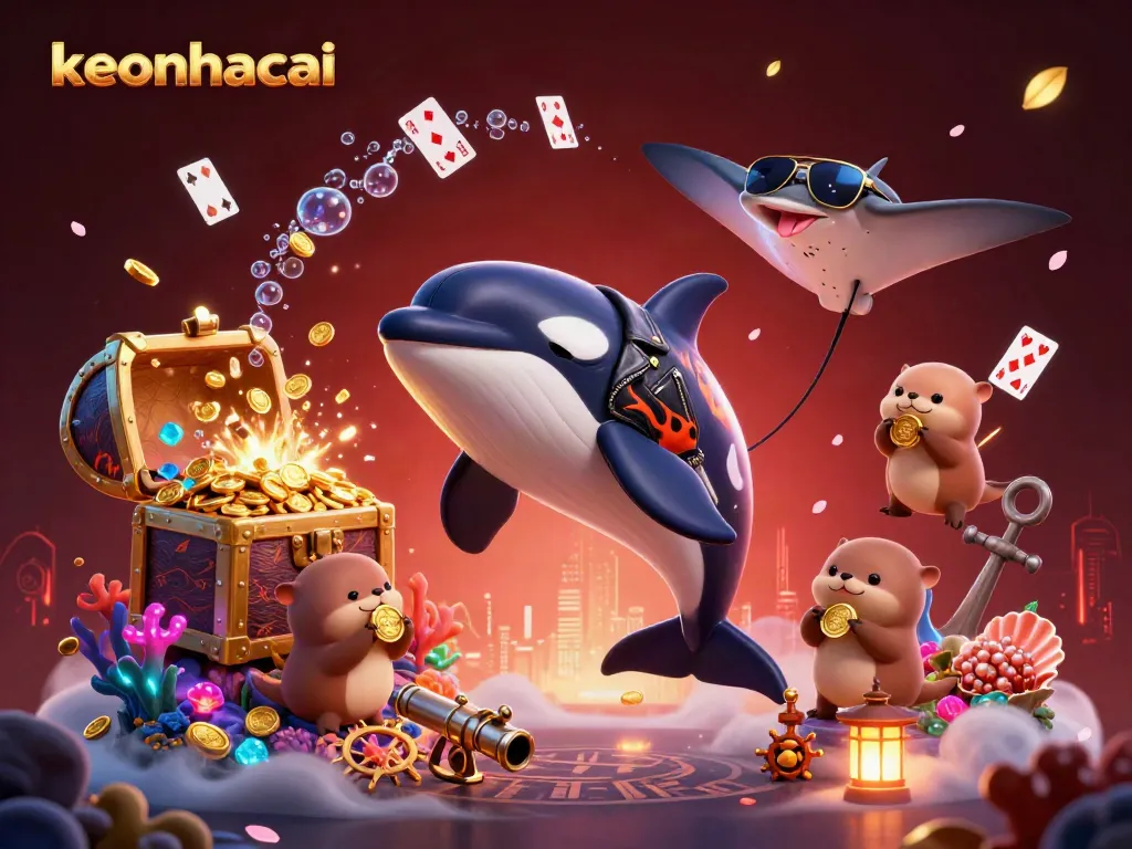 Experience the thrill of keonhacai with an orca whale and sea creatures celebrating wins amid treasures.