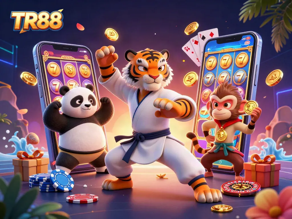 TR88 themed illustration showcasing a kung fu tiger and casino elements in an energetic setting.