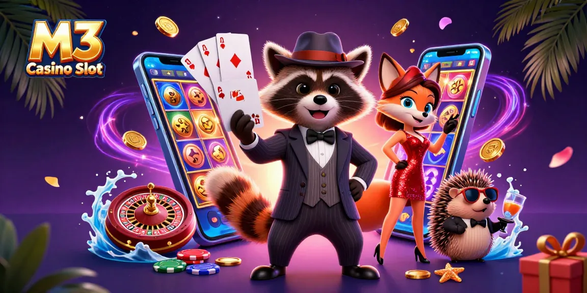 Experience the thrill of M3 Casino Slot with a lively trio of characters enjoying vibrant gaming elements.