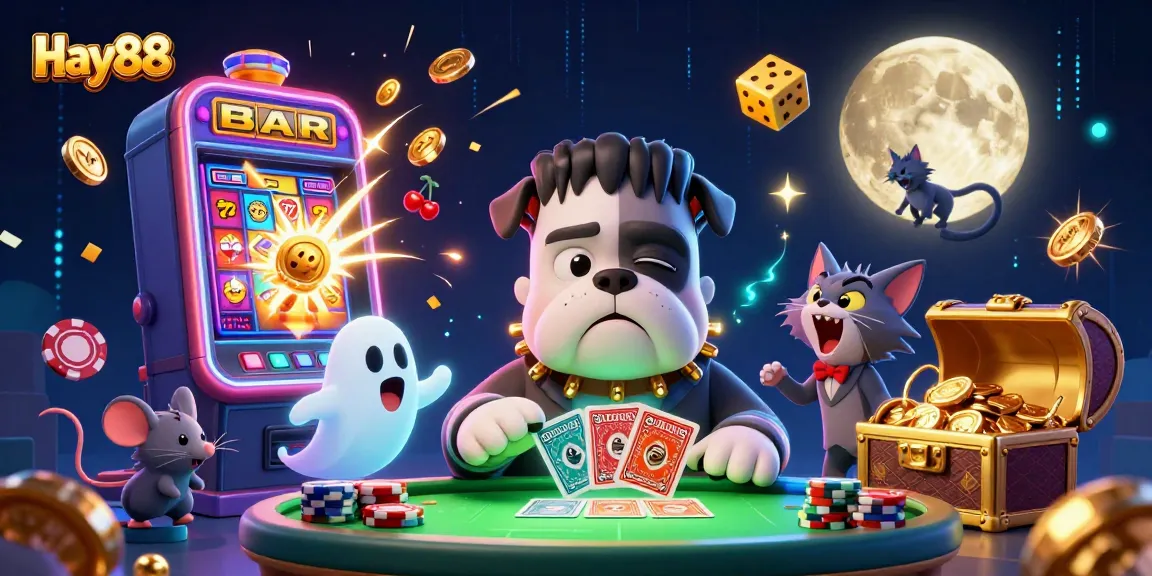 Engage in the excitement at Hay88 with a vivid 3D casino scene of a bulldog dealing cards, lively casino elements, and dynamic visuals.