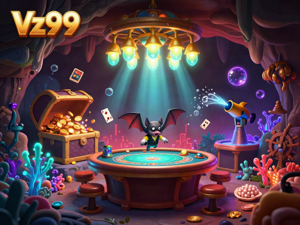 Engage in thrilling gameplay at Vz99's vibrant cave casino lit by glowworms, featuring dynamic game elements.