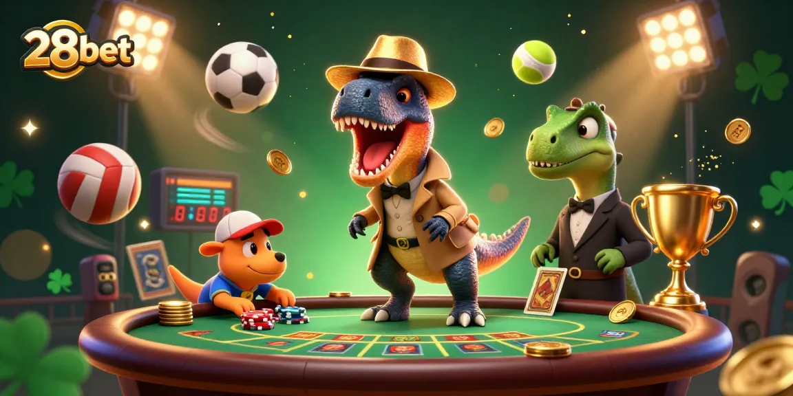 Experience thrilling casino action with 28bet’s dynamic illustration showcasing card counters and sports elements.
