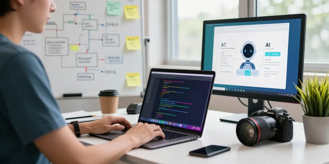 Build internal tools with AI in a modern workspace showcasing coding, brainstorming notes, and an AI chatbot interface.
