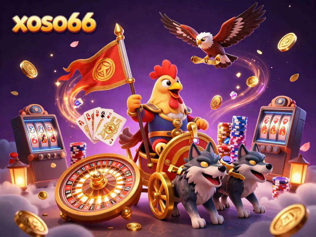 Win big with xoso66 in this vibrant casino illustration featuring gold coins and gaming elements.