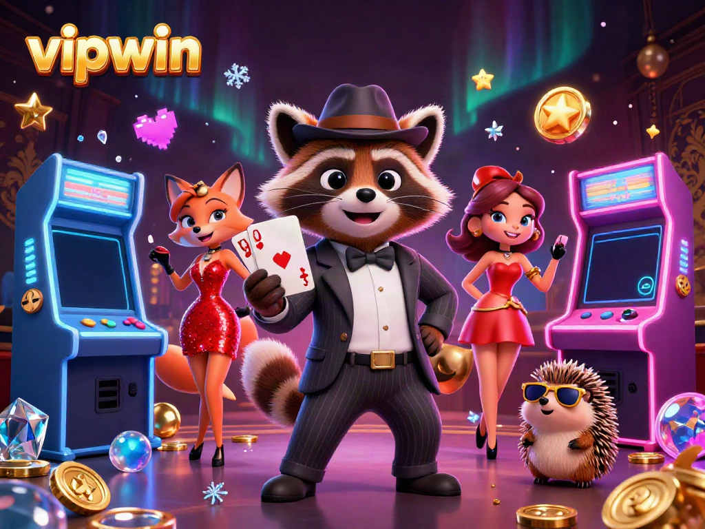 Experience the excitement of vipwin with a suave raccoon holding a royal flush amidst vibrant casino elements.