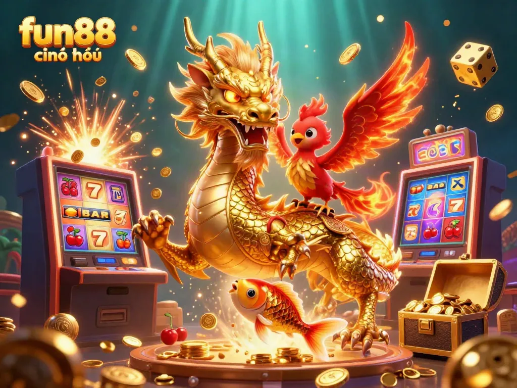 Experience excitement with fun88 chính thức, featuring a dynamic 3D dragon and phoenix amidst a jackpot explosion.