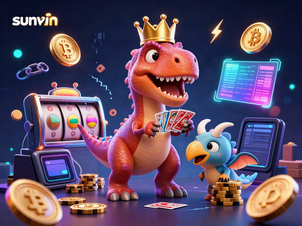Experience fun at Sunwin casino with cartoon dinosaurs playing cards and stacking chips in a vibrant scene.