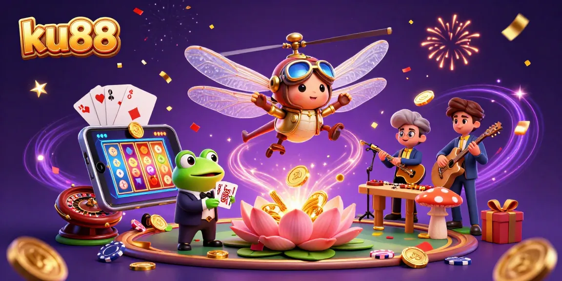 ku88 cartoon dragonfly pilot over a lily pad casino with jazz frog and vibrant gambling elements