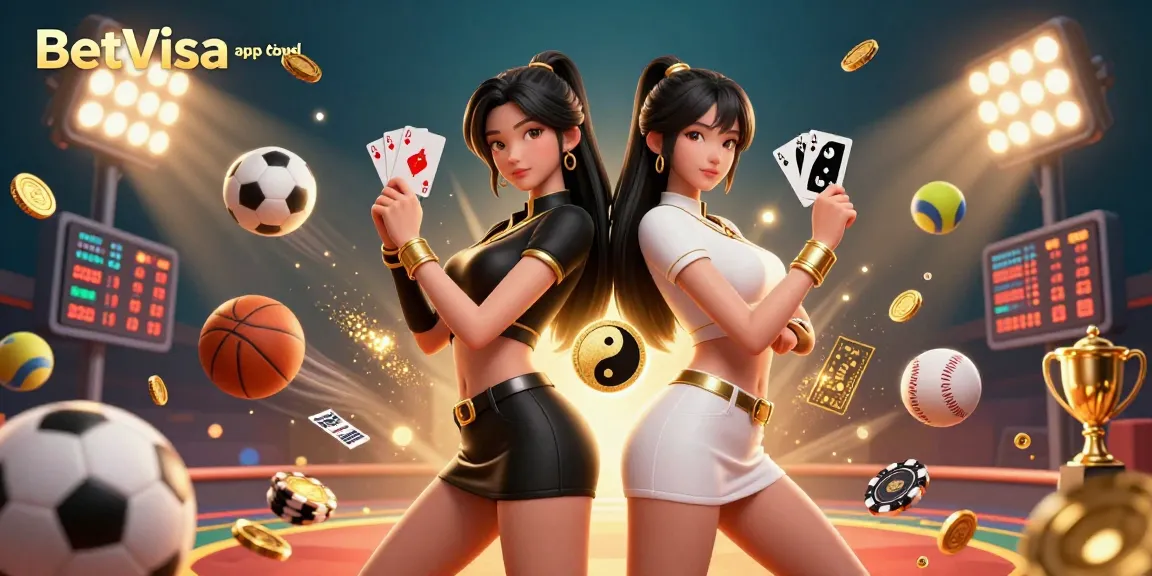 Experience the thrill of the BetVisa app download with dynamic visuals of casino games and sports elements surrounding two Asian women.