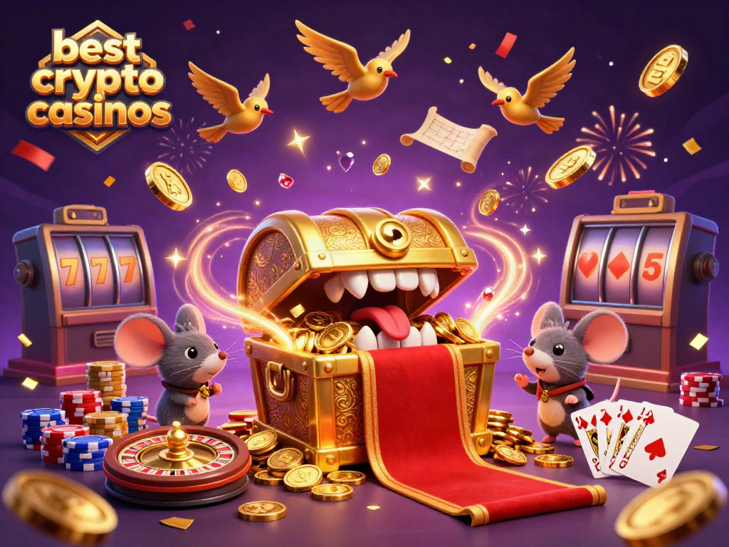 Engage with the best crypto casinos featuring a 3D treasure chest, golden coins, and vibrant casino elements.