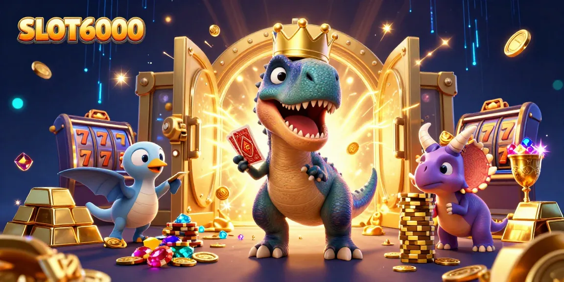 SLOT6000 gaming scene with T-Rex, pterodactyl, and triceratops among vibrant slot reels and treasures.