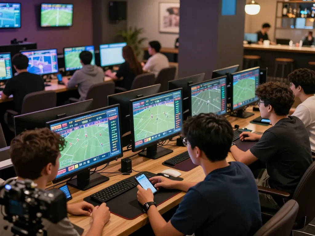 Engaged fans placing bets on 789bet in an exciting sports betting lounge atmosphere.