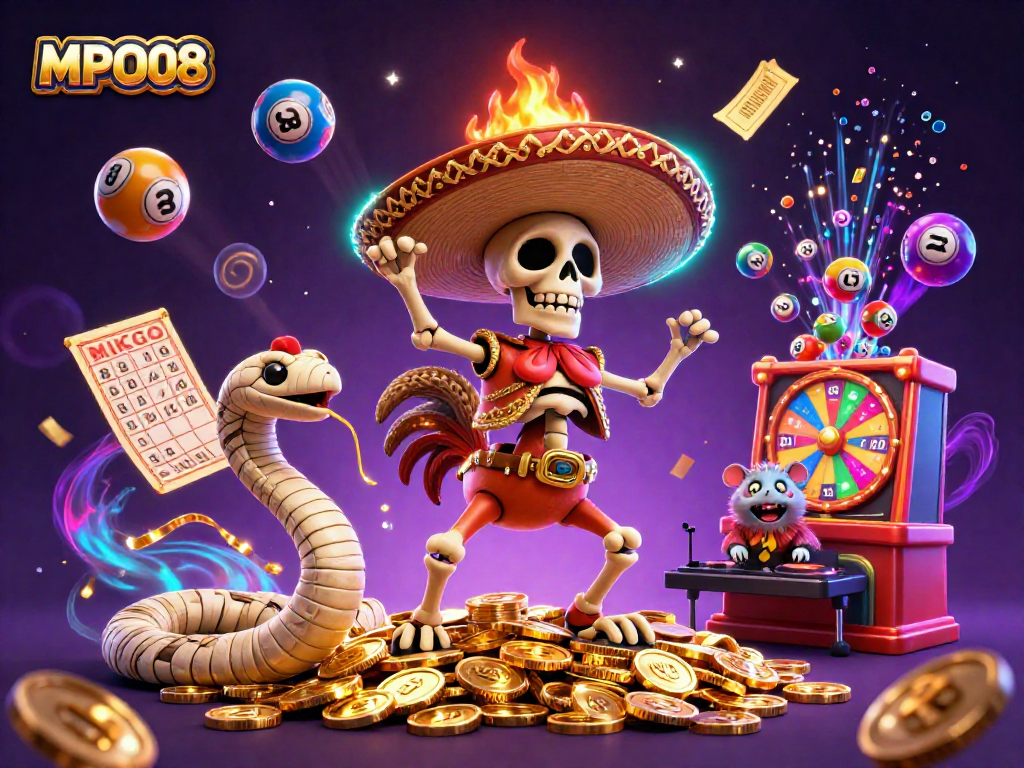 MPO08 energizes players with a vibrant scene of a dancing skeleton rooster amidst glittering casino elements.