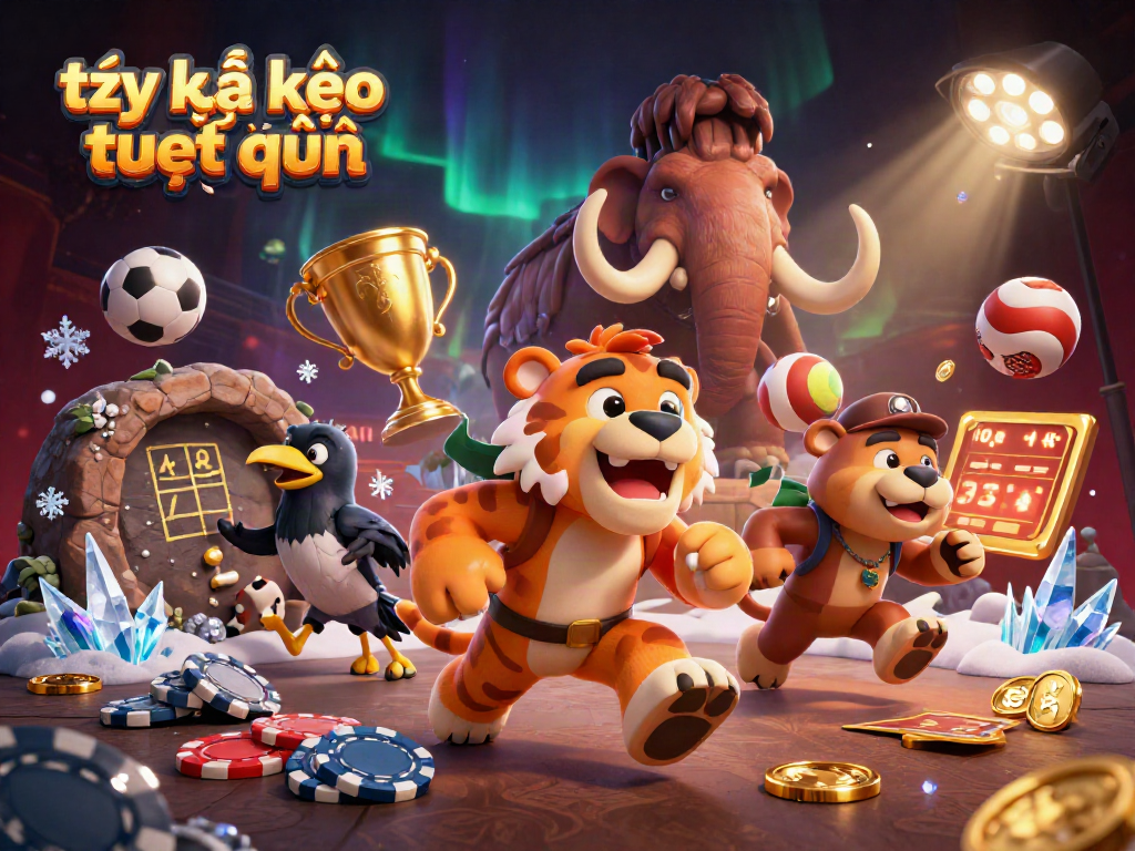 A dynamic scene illustrating tỷ lệ kèo trực tuyến featuring a caveman and sabertooth duo managing a prehistoric casino.