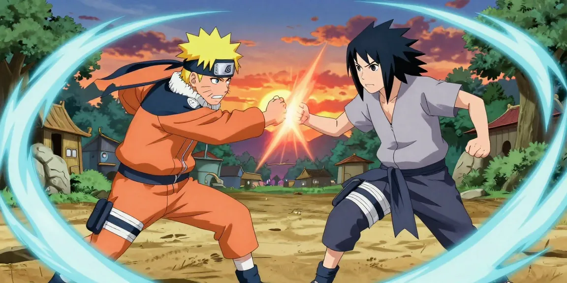 Narutas Viesulo Kronikos battle scene showcasing Naruto and Sasuke clashing with vibrant chakra effects and a sunset backdrop.