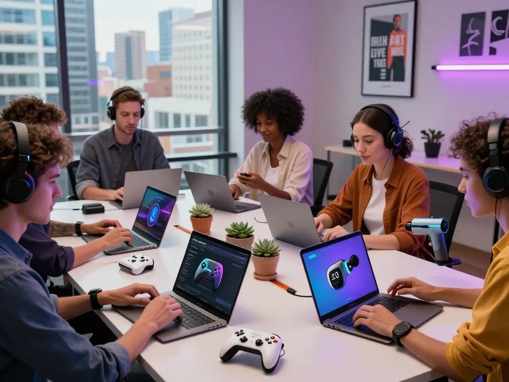 People exploring innovative tech gadgets in a modern office setting, showcasing products like the 8BitDo Ultimate 2 and AirFly Pro 2.