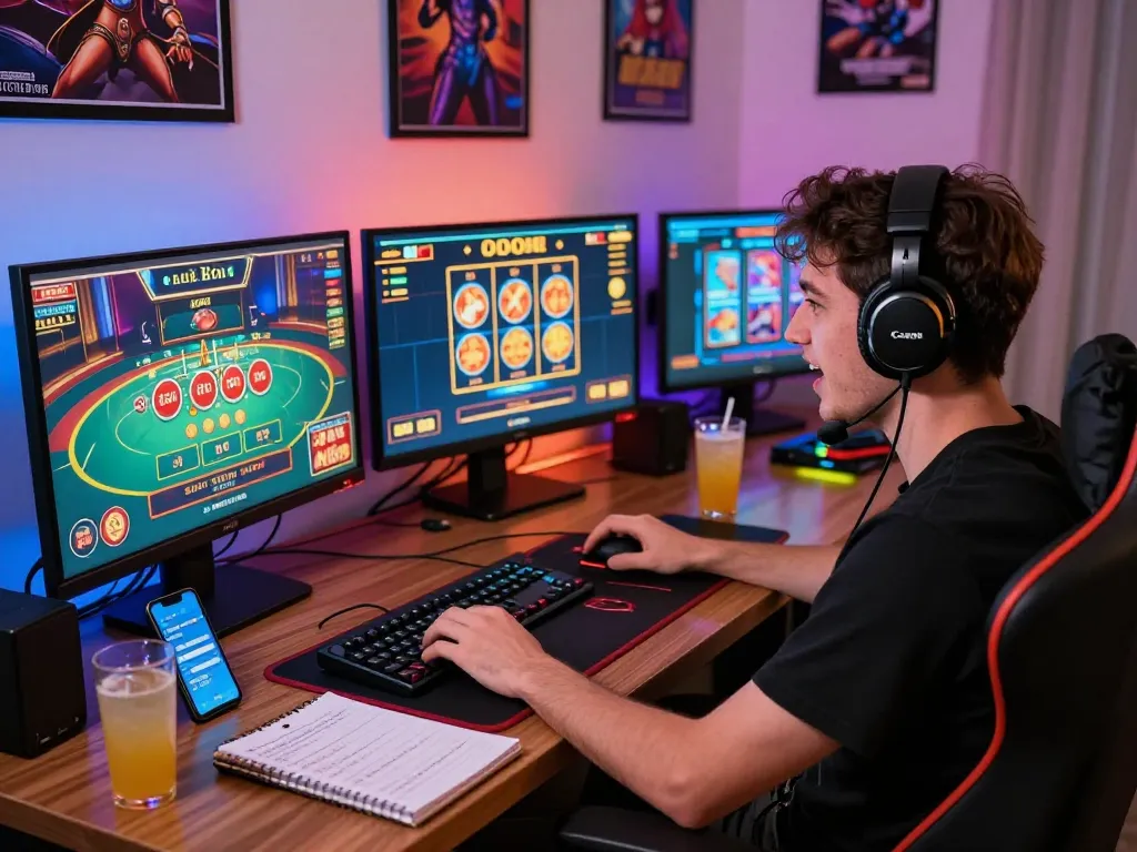 Dynamic online gaming experience showcasing RR88, player immersed in casino games with vibrant lighting.