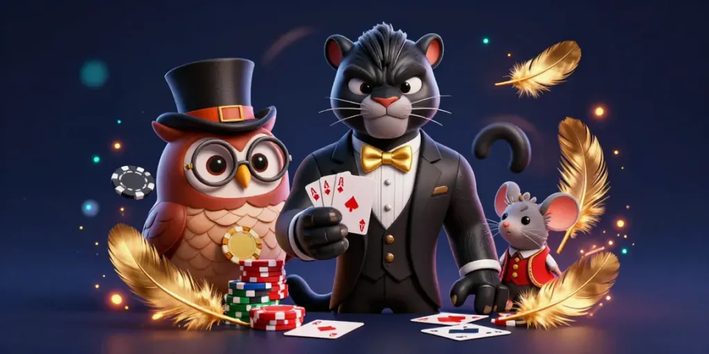 IDNSCORE showcases a stylish panther dealing cards with an owl and mouse in a vibrant casino scene.