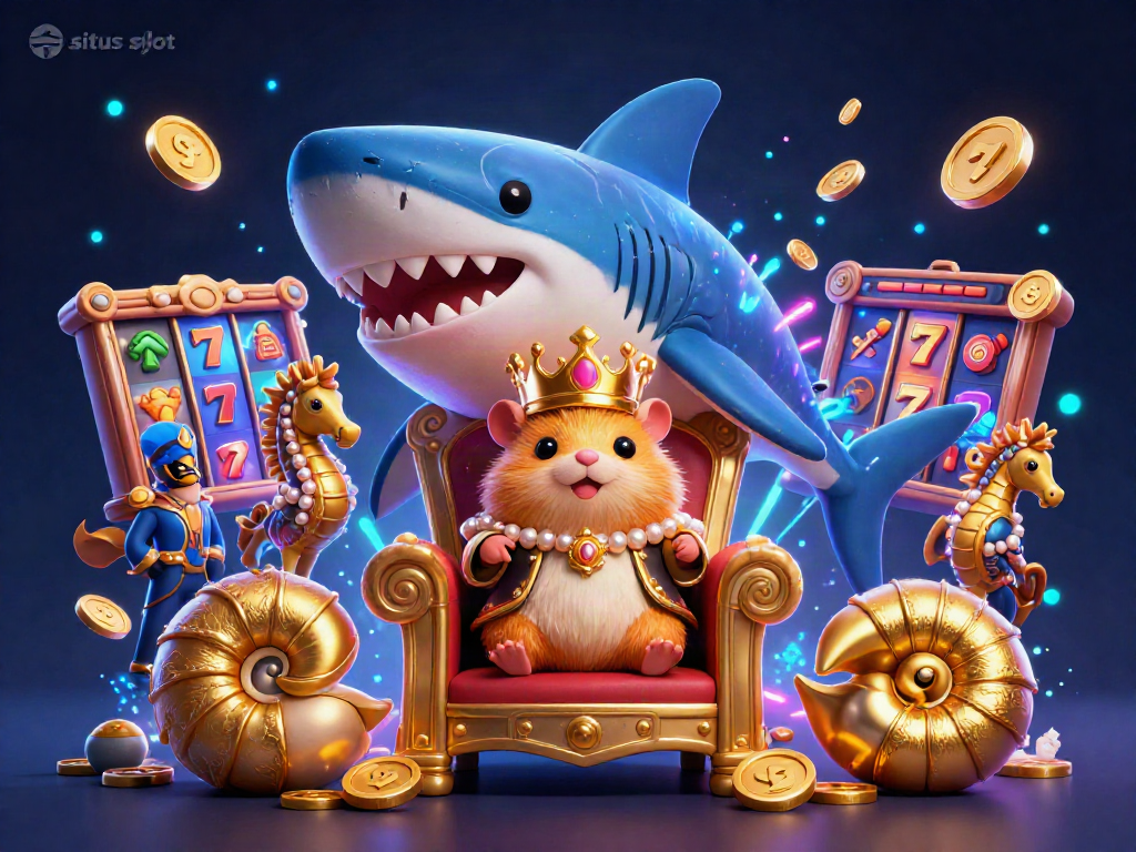 Engage with situs slot features in a vibrant 3D cartoon illustration showcasing a hamster king and colorful slot elements.